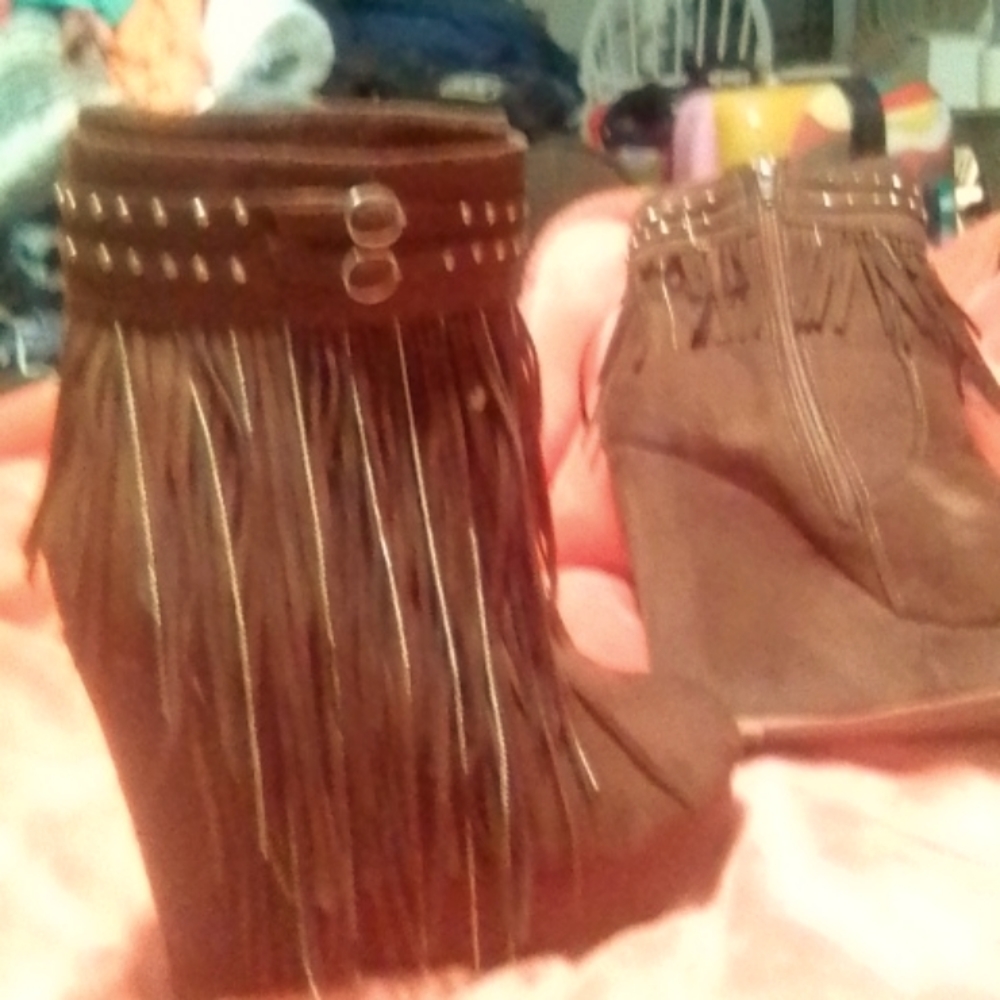 Brown suede fringe tassel wedge boots